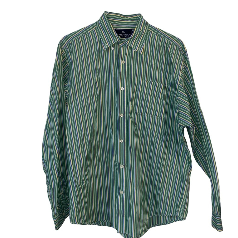 Men's AMERICAN LIVING Green Yellow Striped 100% Cotton Button Down Shirt XL